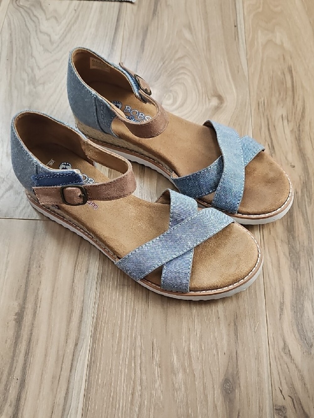 BOBS from Skechers Light Blue Denim Cross-Strap Memory Foam Sandals